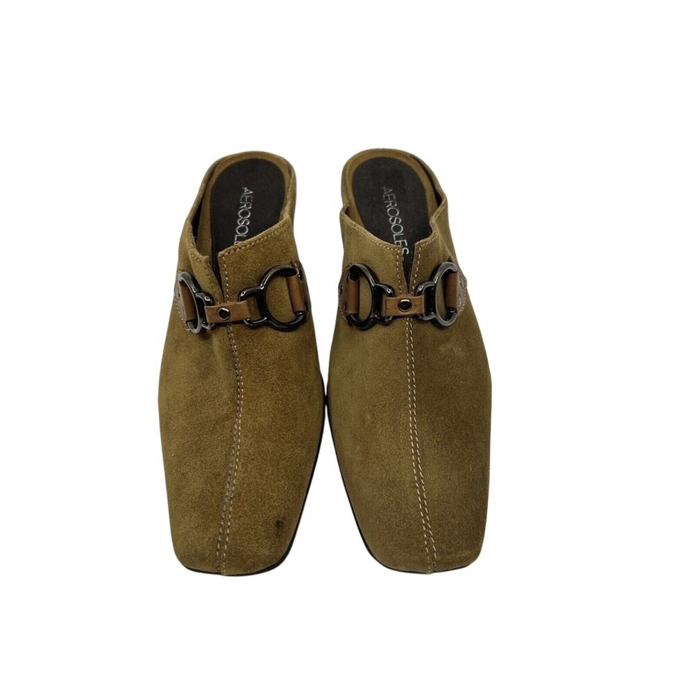 Aerosoles Cinch Worm Brown Suede Mules Women's Size 7.5M Slides Clogs Buckles‎